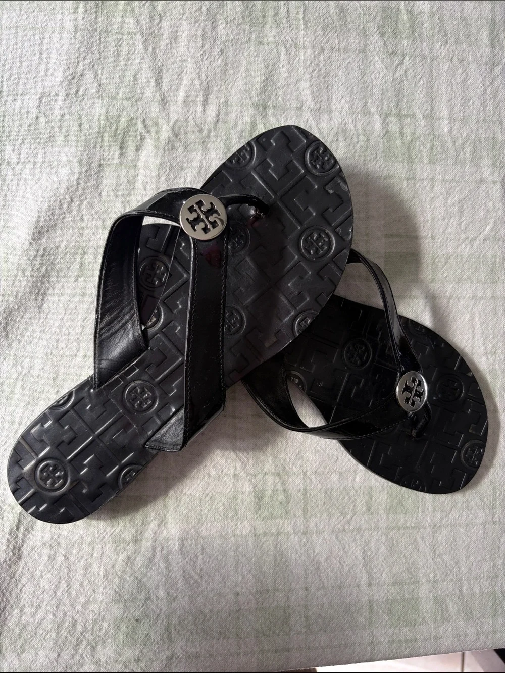 Tory Burch Black Patent Logo Thong Sandals